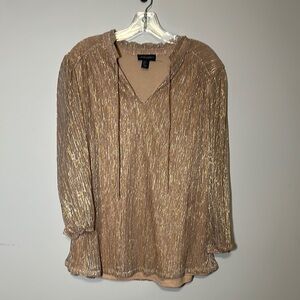 Cynthia Rowley Tan/Gold Pleated Tie V-Neck Long Sleeve Blouse Size 1X